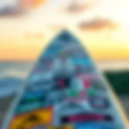 Artistic arrangement of stickers on a surfboard
