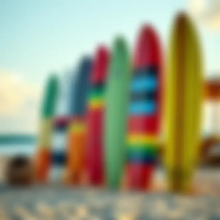 Colorful Surfboards on the Beach Colorful surfboards lined up against a vibrant beach backdrop