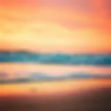 A serene beach at sunset with waves gently lapping at the shore