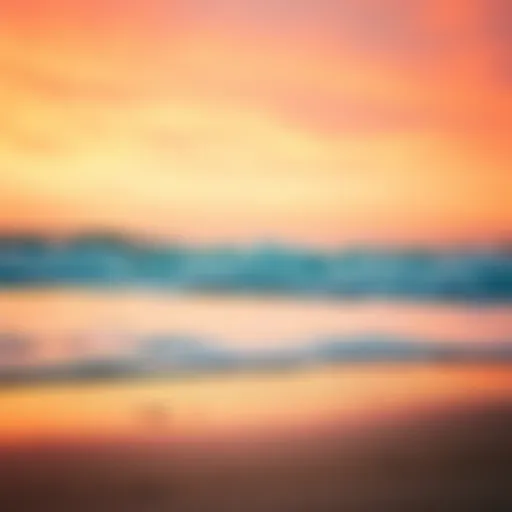 A serene beach at sunset with waves gently lapping at the shore