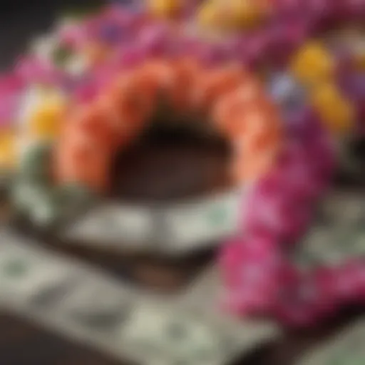 A close-up of a vibrant Hawaiian money lei adorned with colorful bills and flowers, symbolizing tradition and celebration.