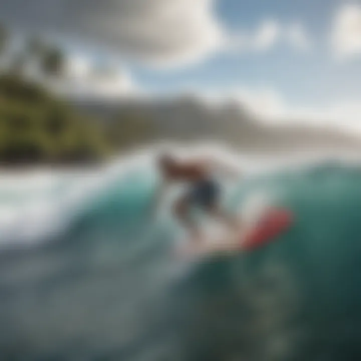 A scenic view of a surfing competition with Hawaiian money lei displayed, representing the blend of surf culture and tradition.