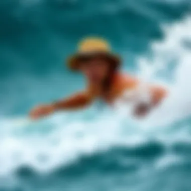 Stylish Surfer with Bucket Hat A surfer wearing a stylish bucket hat while catching a wave