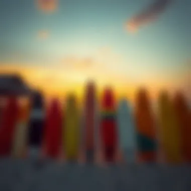 Surfboards on the Beach at Sunset Colorful surfboards lined up on the beach against a sunset backdrop