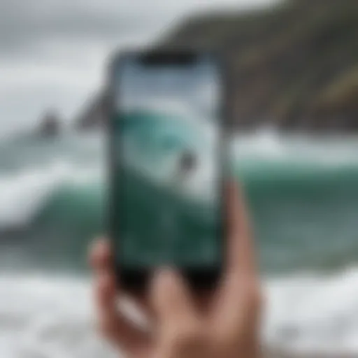 Surfer navigating the waves using a smartphone app