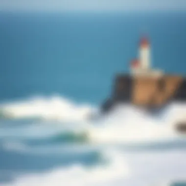 A coastal landscape featuring a lighthouse with crashing waves below