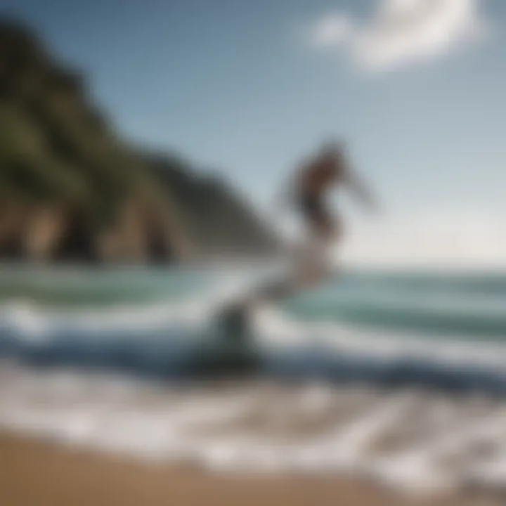 A surfer practicing with a surfwheel on a beach