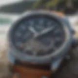 Close-up view of a tide watch displaying intricate details and features.