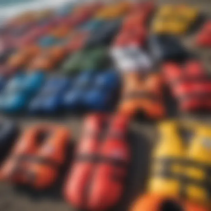 Different types of quick inflate life vests on display for comparison