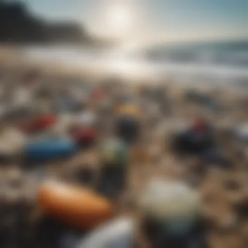 Polluted beach showcasing plastic waste and debris