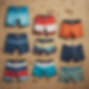 Different styles of board shorts displayed side by side to illustrate variety