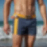 A surfer measuring board shorts with a tape measure for accurate sizing