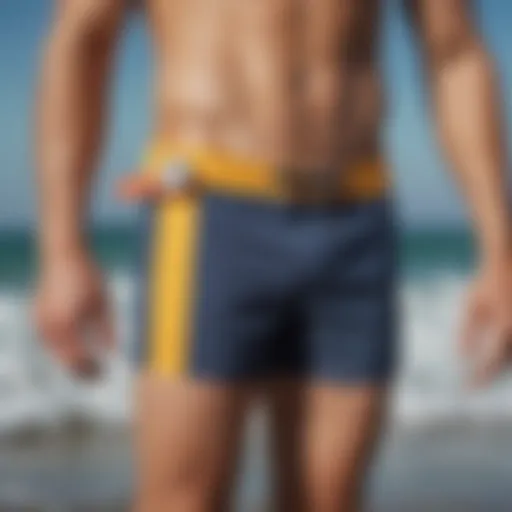 A surfer measuring board shorts with a tape measure for accurate sizing