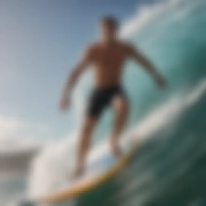 A surfer happily wearing well-fitted board shorts while riding a wave