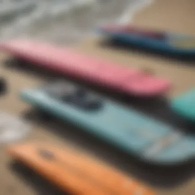 A close-up of various boogie board designs and materials