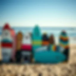 Different types of boogie boards displayed on a beach