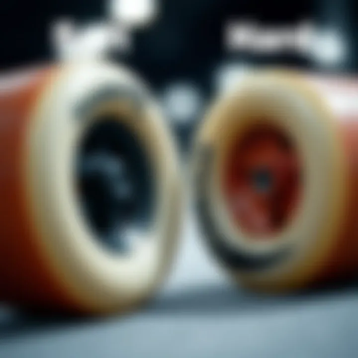 Visual comparison of soft and hard skateboard wheels