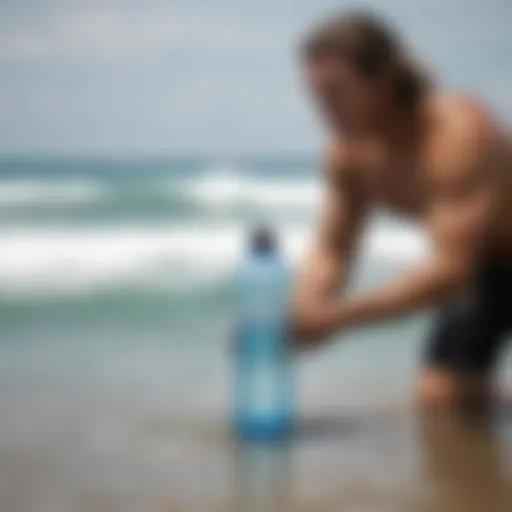 Surfer checking hydration levels with a water bottle