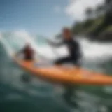 Surfer practicing paddling technique with paddle trainer