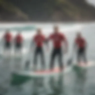 Group of surfers discussing paddle training practices