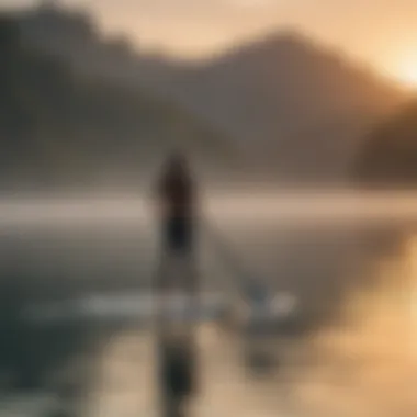 A serene scene of a paddleboarder gliding on calm waters at dawn