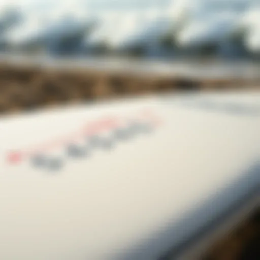 Close-up view of surfboard dimensions showing volume calculations