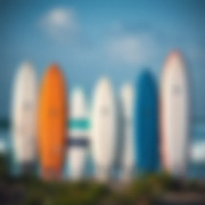 Diverse Surfboard Shapes and Their Volumes Comparison of different surfboard shapes and volumes lined up