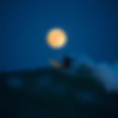 Surfer riding a wave under a full moon