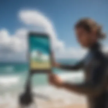 A surfer checking wind conditions on a mobile device at the beach