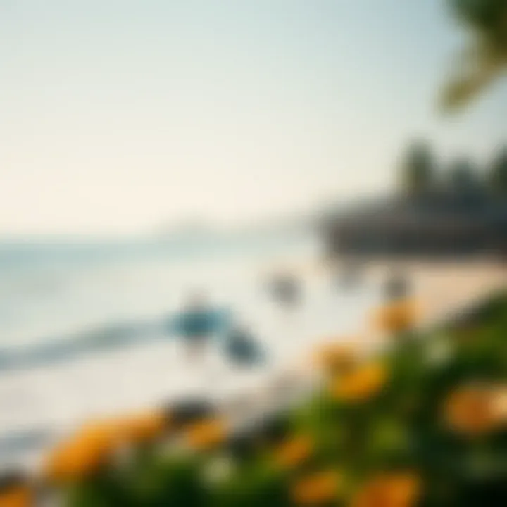 A scenic beach view with surfers