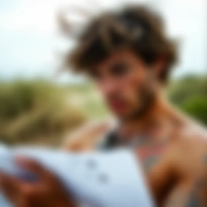 Reading Daily Wind Reports A surfer assessing daily wind reports to determine optimal surfing conditions