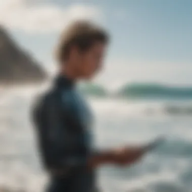 Surfer checking wind conditions with a handheld device