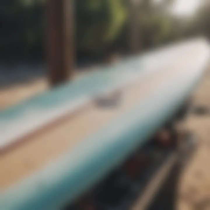 Close-up of a surfboard securely mounted on a rack