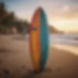 A classic surfboard adorned with retro graphics and vibrant colors