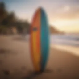 A classic surfboard adorned with retro graphics and vibrant colors