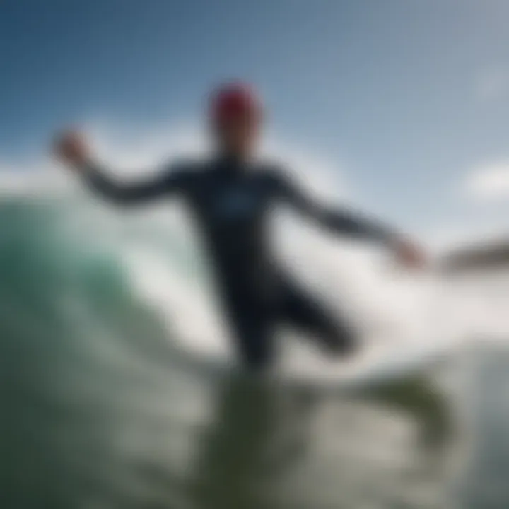 Surfer wearing a waterproof surf hat in action