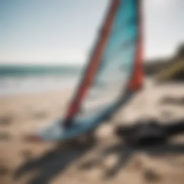 Windsurfing equipment arranged on the shore